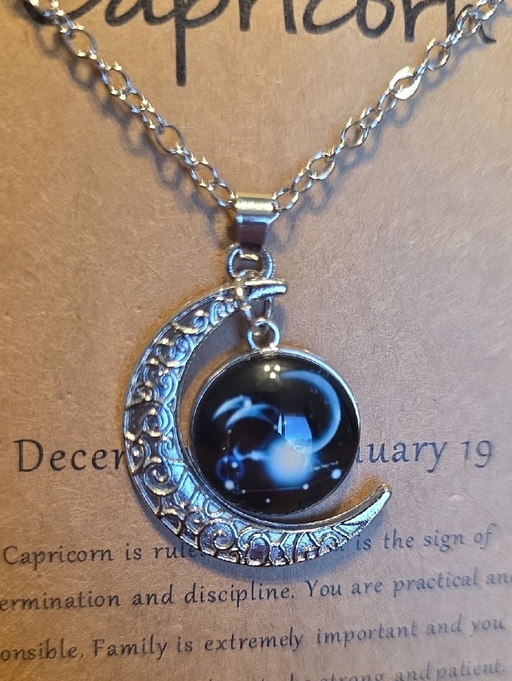 Capricorn Crescent Moon Necklace with Black Zodiac Cabochon - Picture 5 of 11